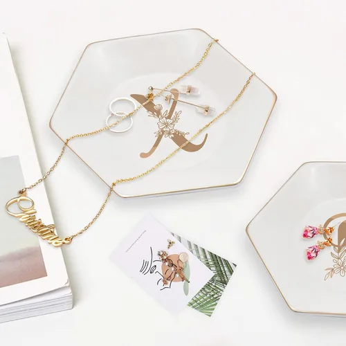 Miniatura 2 de CARAKNOTS Bandeja de joyería, regalos de Navidad, plato con anillo en X con monograma floral dorado, regalos personalizados para mujeres, plato