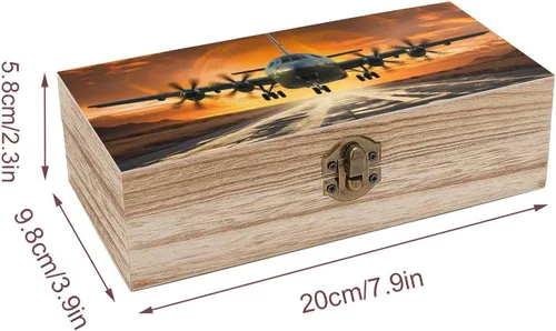 Miniatura 3 de Caja de almacenamiento de madera, joyero de madera vintage con tapa con bisagras, aterrizaje de avión militar en pistas de la fuerza aérea contra