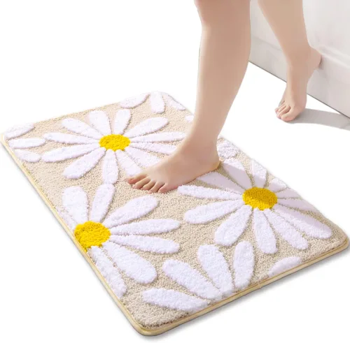Miniatura 20 de QJHOMO Alfombra de baño azul con diseño de margaritas, decoración de flores blancas y amarillas, alfombra antideslizante de microfibra, súper Azul