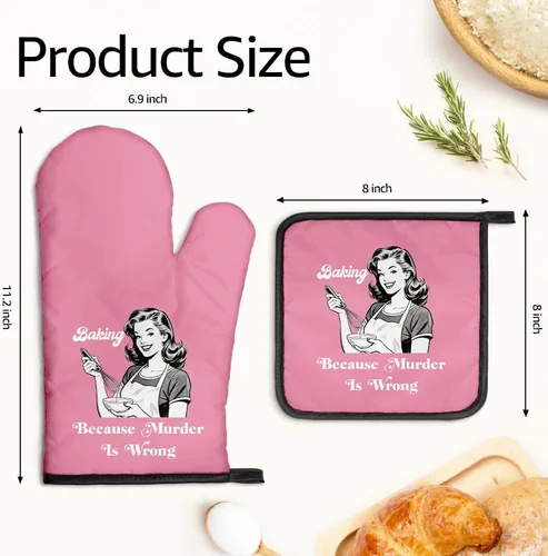 Miniatura 2 de Baking Because Murder is Wrong - Divertidos guantes de horno y soportes para ollas, divertidos guantes de cocina retro para decoración de cocina