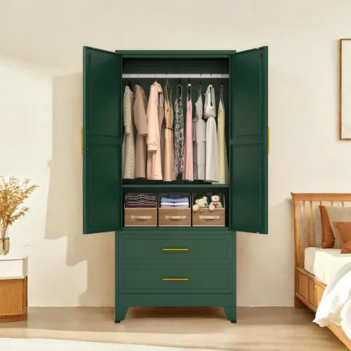 Miniatura 9 de PAOFIN Armario de metal negro de 71 pulgadas, armario de almacenamiento de ropa para dormitorio con 2 cajones y barra para colgar, armario