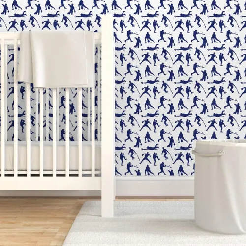 Miniatura 6 de Spoonflower Papel tapiz para despegar y pegar - Jugadores de béisbol Azul oscuro Deportes Hombres Thin Line Kids Papel pintado extraíble
