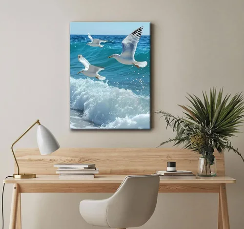 Miniatura 3 de 2 lienzos enmarcados para pared, impresiones artísticas de gaviotas volando sobre olas del océano, póster de pintura náutica costera, galería