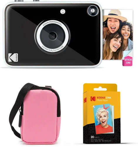 Kodak Printomatic+ Paquete de inicio de cámara digital de impresión instantánea + funda de transporte (rosa) + papel fotográfico Zink con parte Negro