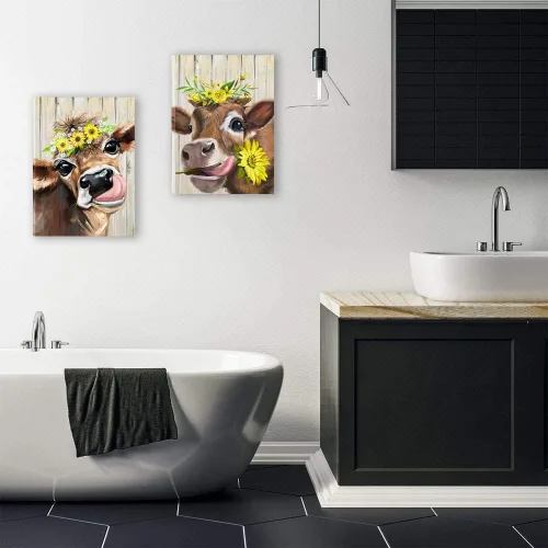 Miniatura 3 de Lienzo decorativo para pared, 2 piezas de vaca campestre con flores, girasol, lienzo, cuadros, rústico, lindo y humorístico, estampado de vaca