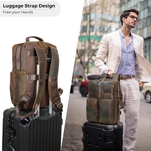 Miniatura 5 de Mochila de cuero de grano completo para hombres, mochila de viaje para laptop de 17.3 pulgadas, mochila con múltiples bolsillos con cremalleras YKK