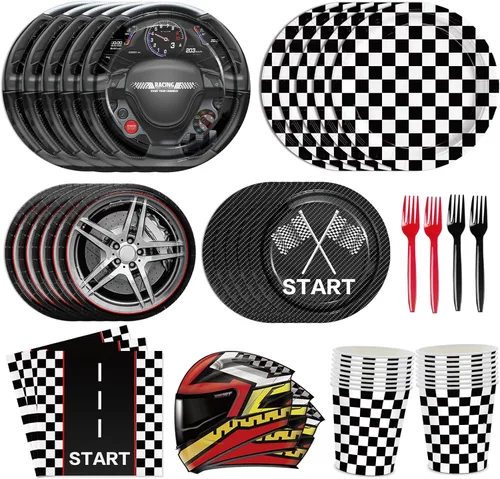 Juego de 144 platos de carreras de autos de carreras, servilletas, suministros de fiesta, vasos de papel con temática de carreras, decoración de