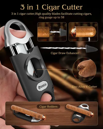 Miniatura 5 de Caja de cigarros, caja de humidor de viaje con cortador de puros, caja de almacenamiento portátil de cigarros forrada de madera de cedro, guillotina