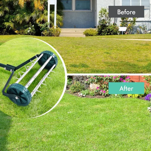 Miniatura 9 de GYMAX Aireador de césped, aireador rodante con mango antideslizante y picos de púas, aireador de enchufe de empuje para jardín, mantenimiento