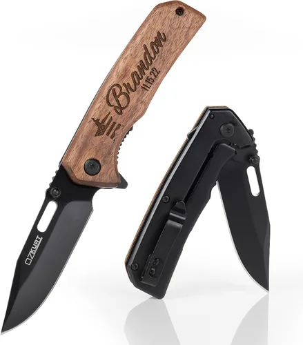 Miniatura 5 de Regalos para hombres, cuchillo de bolsillo de madera de nogal grabado personalizado - 36 iconos, 13 fuentes elegantes - Cuchillos personalizados