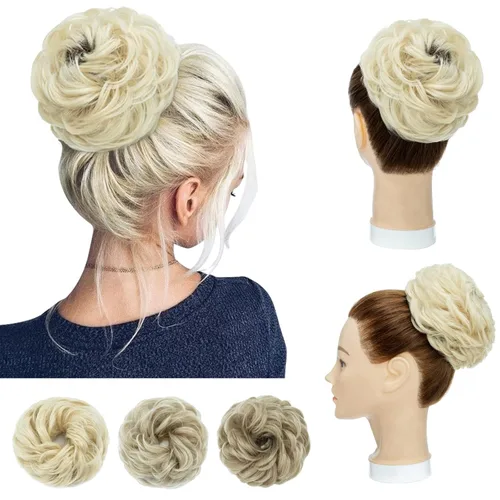 Miniatura 7 de Hairro Pieza de pelo para mujer, moño desordenado, esponjoso, despeinado, recogido, ombré, coleteros sintéticos, dona, elástico, para boda, novia