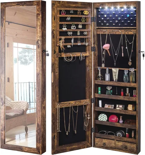 YOKUKINA Armario de espejo de joyería, organizador de almacenamiento grande con luz LED, armario con cerradura para colgar en la puerta o montar en