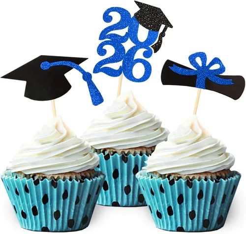 Decoración para cupcakes de graduación con purpurina azul 2026, selecciones de alimentos/aperitivos, suministros de fiesta de graduación de 2026 (24