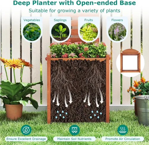 Miniatura 5 de Giantex Cama de jardín elevada de madera con enrejado, maceta para exteriores con base abierta para plantas trepadoras, profundidad de plantación