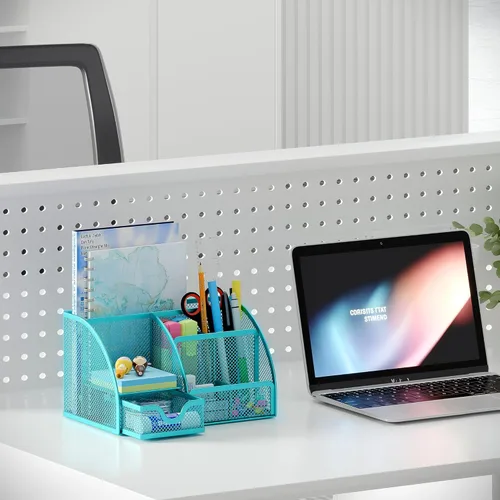 Miniatura 5 de EasyPAG Organizador de escritorio de malla con cajón multifuncional para bolígrafos, organizador de papelería para suministros escolares de oficina