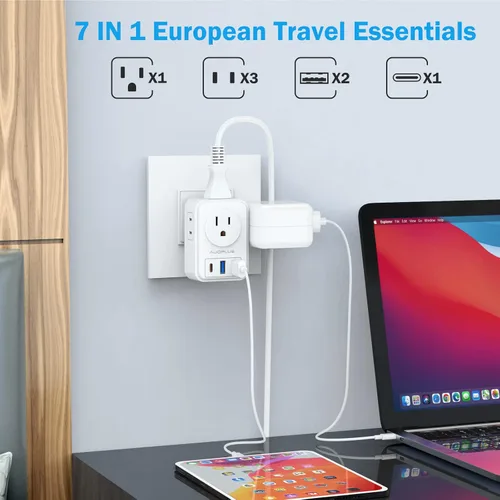 Miniatura 5 de Paquete de 2 adaptadores de enchufe de viaje europeos con USB C, adaptadores de corriente de Estados Unidos a Europa con 4 salidas de CA, 3 puertos