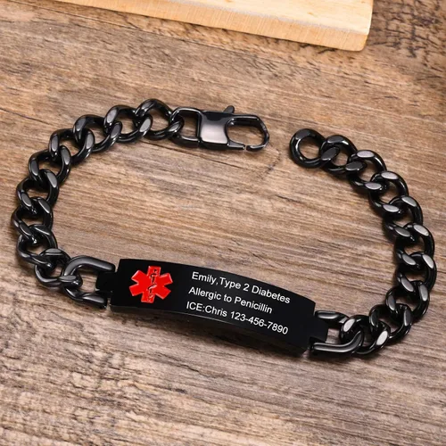 Miniatura 3 de VNOX Pulsera de identificación de alerta médica con grabado gratuito para hombres y mujeres, etiqueta médica, cadena de eslabones de acero inoxidable