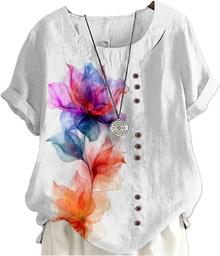 Miniatura 25 de domirica Camisetas de verano para mujer 2024 con estampado de flores, algodón, lino, manga corta, cuello redondo, camisas casuales de moda