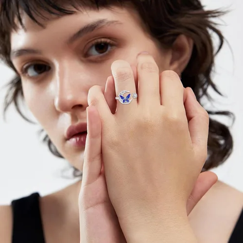 Miniatura 5 de Twoowl Anillo de mariposa de plata de ley 925 con luna celta irlandesa, regalos de joyería celta para mujeres y niñas, Plata de ley, Sin piedras