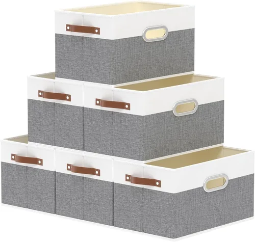 Miniatura 9 de Yawinhe Cestas de almacenamiento de tela, organizador plegable de armario para estantes, cajas grandes con 3 asas, contenedores de lona para ropa