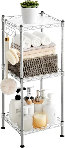 SONGMICS Estante de baño de 3 niveles, estante de almacenamiento para espacio pequeño, con 3 revestimientos de estante de PP, gancho extraíble,