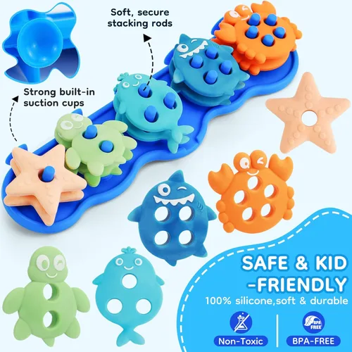 Miniatura 2 de Juguetes de baño para bebés, juguetes de baño de silicona para clasificar y apilar formas sin moho para niños de 1 a 3 años con 10 bonitas piezas
