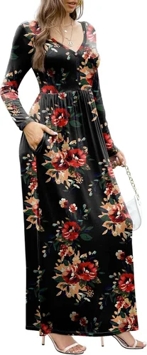 Miniatura 4 de GRECERELLE Vestido largo para mujer, manga larga, cuello en V, casual, con botones, estilo bohemio, con bolsillos