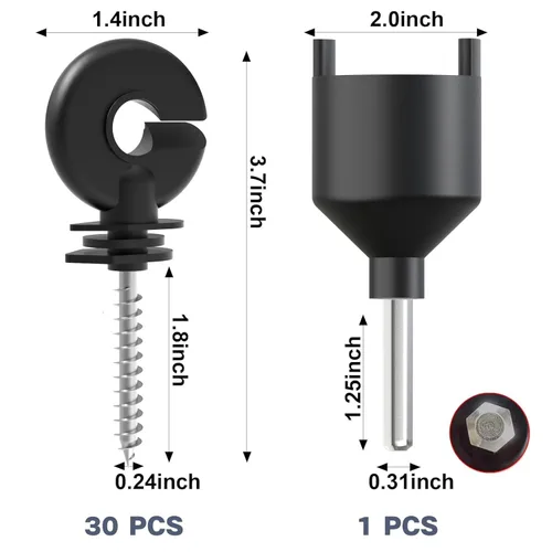 Miniatura 2 de NQN 30 Piezas Aisladores Negros para Cerca Eléctrica, Aislador de Rosca, Poste de Anillo para Cerca, Aislador para Poste de Madera y 1 Pieza