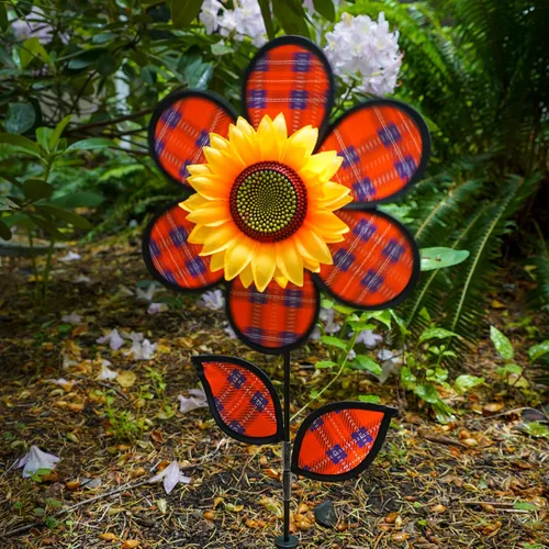 Miniatura 2 de In the Breeze 2646 — Girasol a cuadros rojos de 12 pulgadas con hojas — Flor colorida para patio y jardín Rojo Plaid