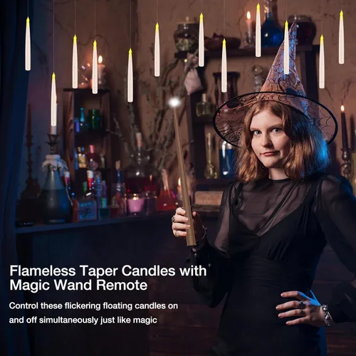 Miniatura 6 de Decoraciones de Halloween, velas flotantes con varita, velas colgantes mágicas parpadeantes, luz cálida, sin llama, con control remoto de varita