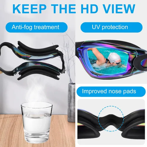 Miniatura 4 de Flutesan Paquete de 6 gafas de natación para adultos, antiniebla, con tapones para los oídos, clip para la nariz, sin fugas, protección completa