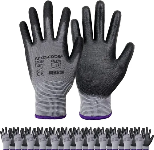 Miniatura 10 de Guantes de trabajo con revestimiento de poliuretano, 12 pares, guantes de jardín finos para hombres y mujeres, ideales para trabajo ligero