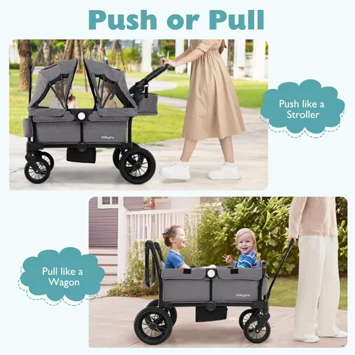 Miniatura 8 de BABY JOY Cochecito vagón para 2 niños, vagón doble plegable para empujar o jalar con mango ajustable, toldo extraíble, arnés de seguridad, Gris