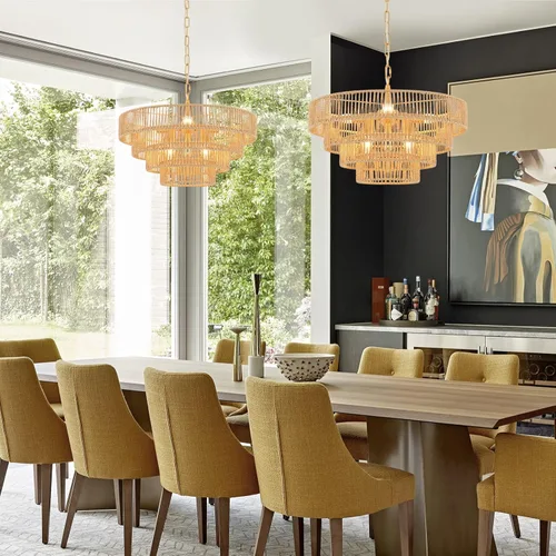 Miniatura 3 de Lámpara colgante de ratán tejida a mano, 6 luces, 4 redondas, de transición, minimalista, bohemio, grande, para cocina, isla, comedor, sala