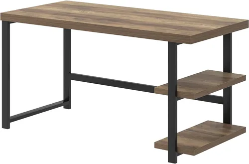 Miniatura 9 de FOLUBAN Escritorio para computadora, escritorio de oficina en casa de madera y metal con estantes de almacenamiento, pequeña mesa de escritura