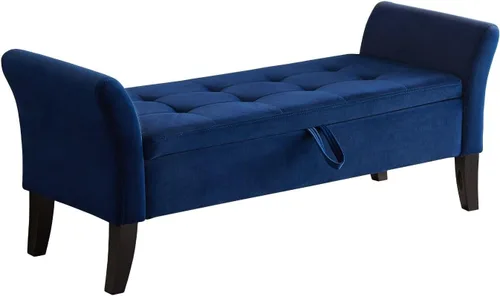Miniatura 12 de Banco otomano tapizado de tela de terciopelo de 51.5 pulgadas con almacenamiento y brazos, asiento acolchado con patas de madera maciza, asiento
