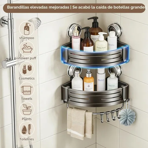 Miniatura 7 de Organizador de ducha de esquina, estante de pared de baño con ventosa, organizador de aluminio sin taladrar con ganchos, estante flotante