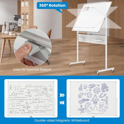 Miniatura 4 de Goplus Pizarra blanca rodante de 48 x 36 pulgadas, pizarra magnética de borrado en seco de altura ajustable con tablero de clavijas, ganchos