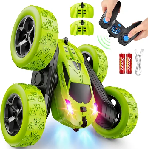 QUNREDA - Auto de control remoto para niños de 6 años en adelante, juguete de auto de acrobacias RC 4WD de doble cara con rotación de 360°, con Verde