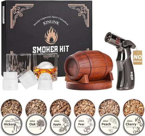 Kit de ahumador de whisky con antorcha, sin butano, chips de madera de 6 sabores, 2 vasos de whisky, 2 moldes redondos para cubitos de hielo, kit de
