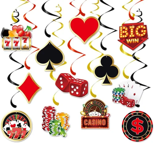 12 piezas de decoración de remolinos colgantes con temática de casino, ideas de juego, adornos en espiral, suministros de fiesta de juegos de póquer