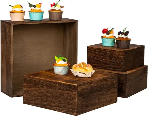 Miniatura 8 de Soportes cuadrados de madera vintage para tartas de madera, juego de 4 soportes de madera para cupcakes, cajas de madera rústica de 12 pulgadas