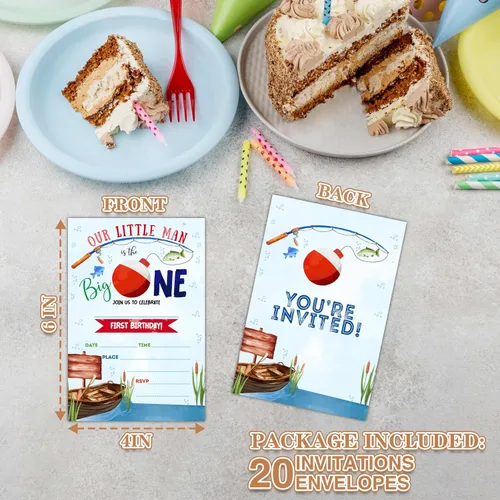 Miniatura 2 de Invitaciones de primer cumpleaños de pesca con sobres, 20 piezas de invitaciones para fiesta de cumpleaños de niños con texto en inglés «Our Little