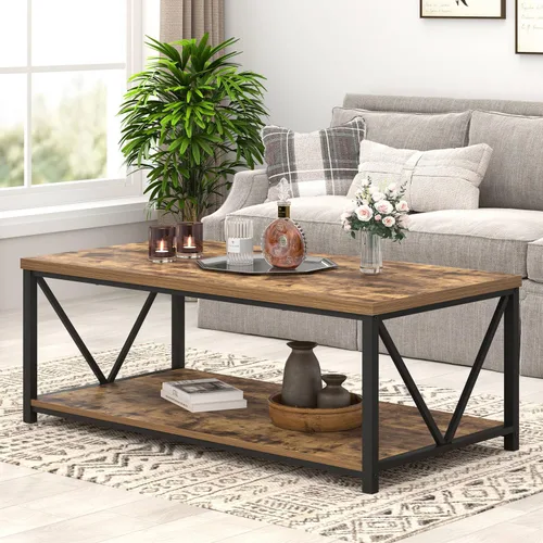 Miniatura 3 de EXCEFUR Mesa de centro moderna, mesa de sala de estar de madera rústica y metal con estante de almacenamiento, mesa central rectangular industrial