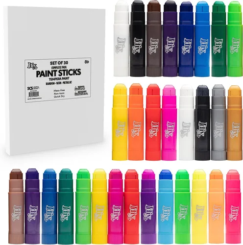 Idiy Juego de 30 barras de pintura de témpera sólida, incluye 12 colores clásicos, 12 metálicos y 6 colores neón, secado rápido, sin ensuciar, no 30