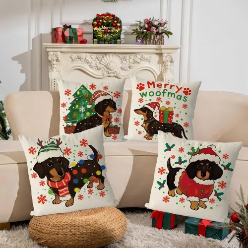 Miniatura 4 de Juego de 4 fundas de almohada navideñas para decoración de perro salchicha para el hogar, sofá, sala de estar, 16 x 16 pulgadas