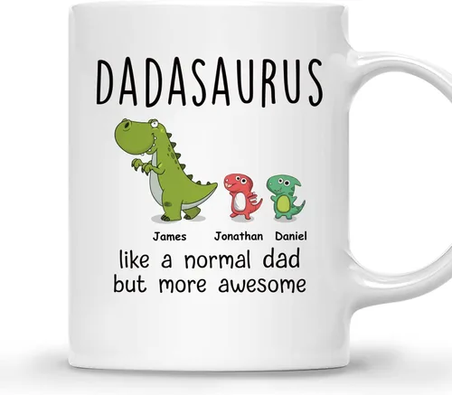 Gossby DADASAURUS - Taza de café personalizada para papá, regalo personalizado para papá de un niño, hija, hijo, esposa con nombres, divertido día 2