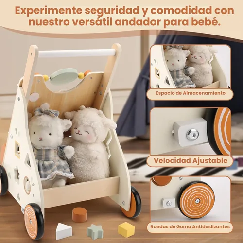 Miniatura 5 de Pithfor Andador de bebé de madera, andador de empuje para bebé con centro de actividades para niñas y niños, juguetes de andador de empuje Naranja