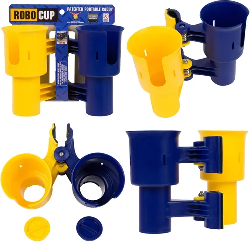 ROBOCUP, (amarillo y azul marino), soporte patentado para vasos de barco, organizador de almacenamiento portátil con abrazadera que sujeta de forma