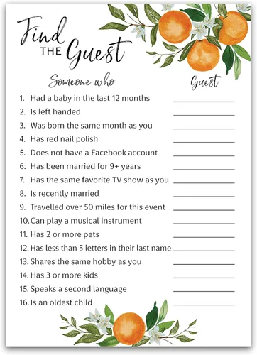 A Little Cutie Baby Shower Games — Juego ENCUENTRA AL INVITADO — Paquete de 25 — Actividad de baby shower rompehielos, tema de naranja cítrica,